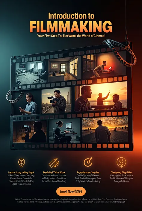 Make a banner

Title and Headline

Title: "Introduction to Filmmaking"

Tagline: "Your First Step into the World of Cinema!"


Design Elements

1. Visuals:

A split-screen effect showcasing different filmmaking stages: storyboards, camera equipment, actors...