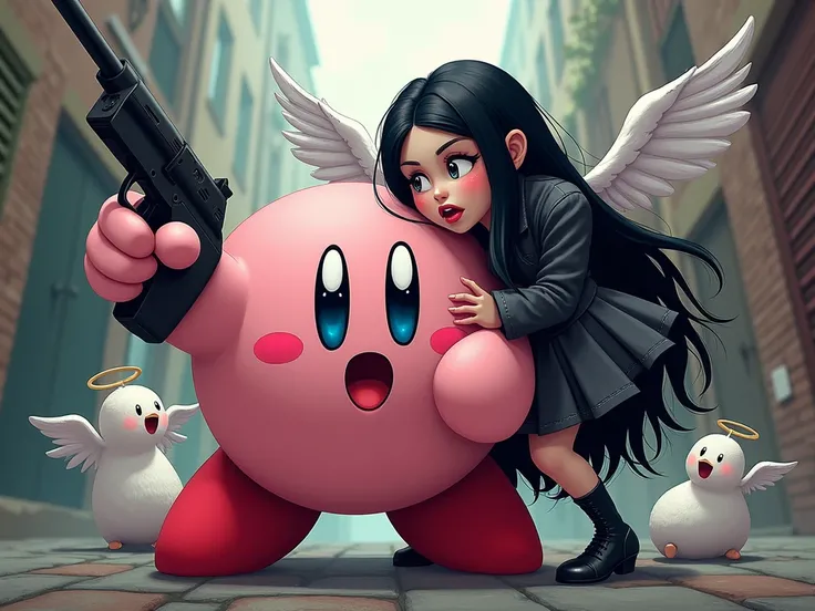 
 Create an image with the following characteristics : : a Kirby with a shotgun in his hand and angels around him while a gothic woman with a big butt embraces Jesus, bottom: favela, Activity: yelling, Image quality: best quality,  ASPECT RATIO : 4:3, Emot...