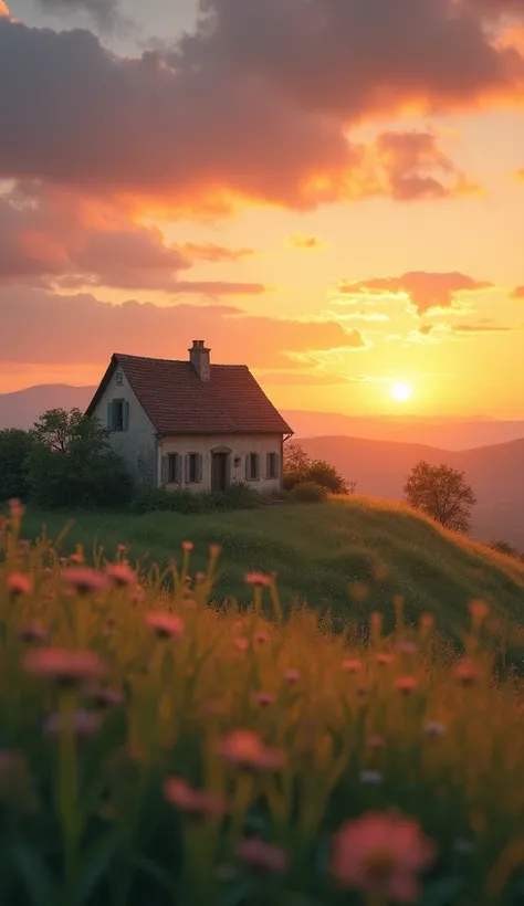 A beautiful sunset in the countryside with a blurry house. 