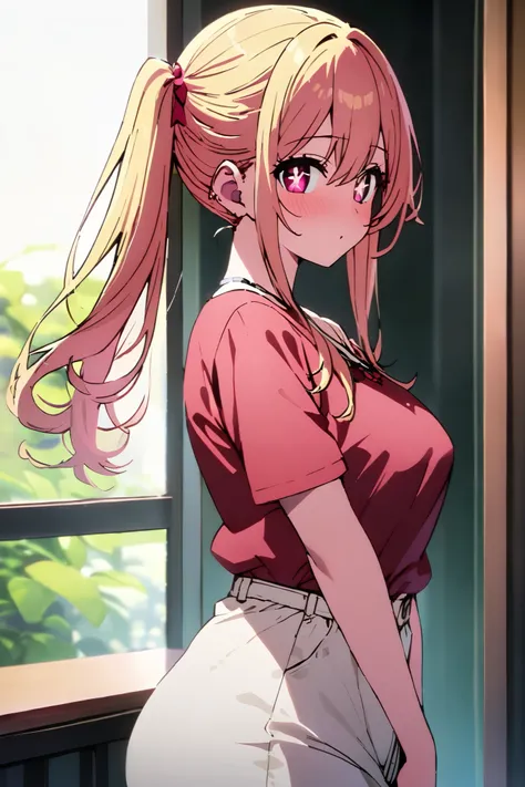 NSFW,masterpiece, top quality , high res, very detailed,Hoshino Ruby(My Favorite ),Star-shaped pupils, long hair, side ponytail,Blonde, casual clothes,Date