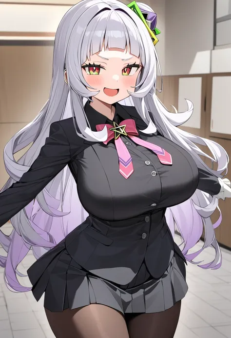 ( top quality , 8k, masterpiece),  girl , young , Idol , 1 person ,  murasaki shion ,  hololive , Silver Hair , Big Breasts , smile ,  like heaven ,  red cheeks  , Tanimachis emphasis  , A rich variety of skin tones  , (  business suit,  black shirt , Butt...