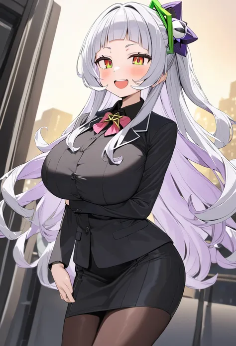 ( top quality , 8k, masterpiece),  girl , young , Idol , 1 person ,  murasaki shion ,  hololive , Silver Hair , Big Breasts , smile ,  like heaven ,  red cheeks  , Tanimachis emphasis  , A rich variety of skin tones  , (  business suit,  black shirt , Butt...