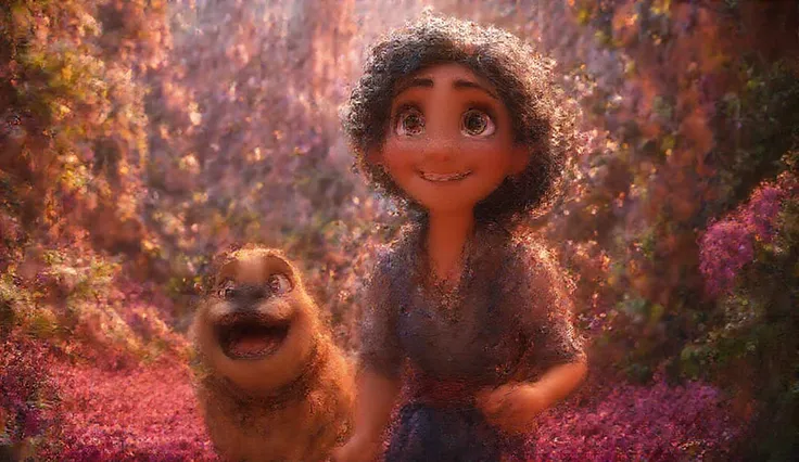 1. Entering the Magical Forest:
"A cheerful and brave young girl with brown hair, big expressive eyes, and a red backpack walks into a magical forest filled with glowing fireflies, colorful flowers, and singing birds. A cheerful and loyal dog with soft bro...