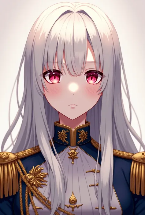 Wearing the full uniform of the French royal family, long white hair to the middle of the back, red eyes, rosy red eyes, snow-white skin, anime version