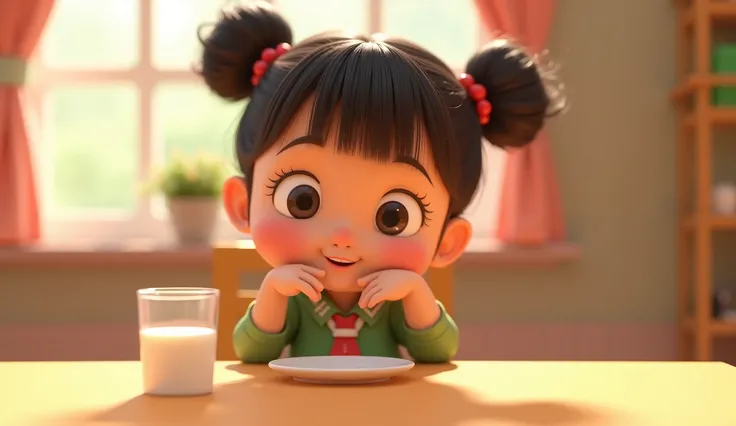 A 3D Pixar-style animation with a pastel color palette featuring Uwu sitting at a dining table, drinking milk from a glass. Uwu, a cute and adorable  girl, has her hair styled into two buns on top and bangs, clear hair fiber, flushed cheeks, and is wearing...