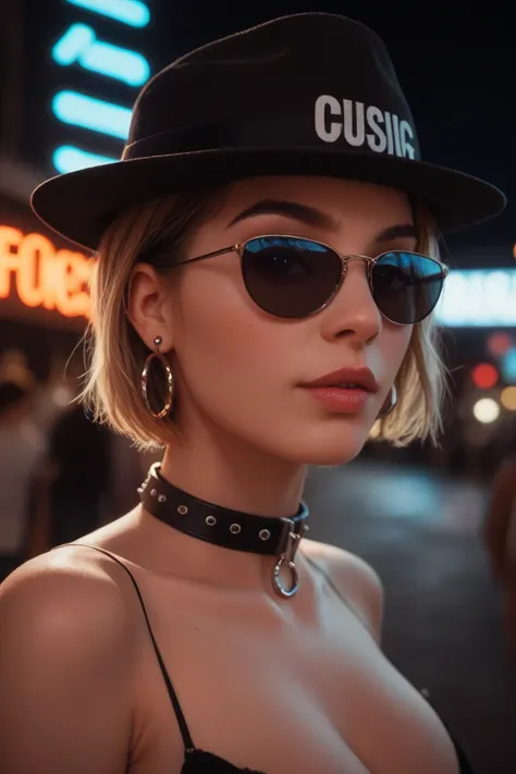  Alternative girl,  looking over black sunglasses, New, collar,  neon light reflections on the skin, earring, makeup,  skin imperfections,  short hair, hat, neon light background , low light,  depth of field , highly detailed,  high contrast , film grain, ...