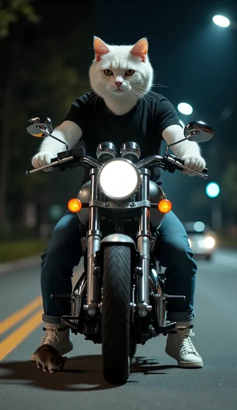 There is a big muscular white cat He is wearing a black t-shirt He is on the road And there is a motorcycle And he is sitting on the motorcycle There is a small mouse in front of the motorcycle He gets under the wheel of the motorcycle It is night time Bac...