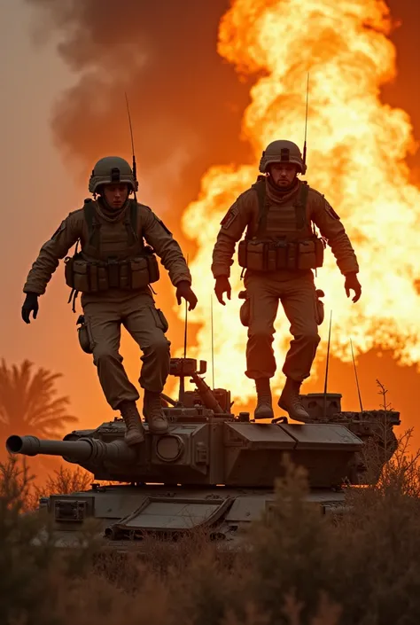 Two Israeli soldiers Burning fire in modern Israeli combat uniforms, modern Israeli combat helmets,Burnt,Pose jumping from the top of a destroyed and burning Merkava tank,The backdrop of bushes and ruins is typical of a Palestinian war zone,The facial expr...