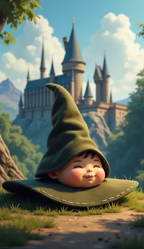  Hogwarts distributing hat ,made of gary potter ,  lying alone in the style of a Disney cartoon with a castle in the background