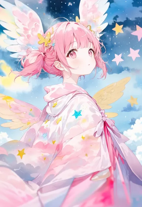 (masterpiece, best quality),(multiple exposure effect: 1.2),
watercolor print depicting,the little angle girl,pink twintail hair,she is surrounded by stars and cloud symbols,wearing ash robe,angel wings on her back,on cloud-nine,splash color, contemporary ...