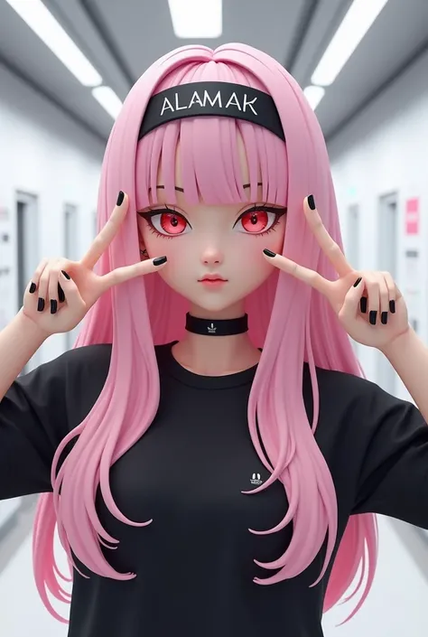 A 3D character with long, layered soft pink hair and a cool expression stands in the middle of the virtual space, and have a red eyes. Wearing simple black shirts and black headbands that read "ALAMAK", they posed casually with peace signs, showing off the...