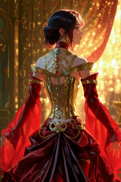 Woman, Outfit: A delicate golden corset with intricate designs, paired with flowing red velvet sleeves and a tight, red silk underskirt, red silk stockings, and high-heeled, gemstone-encrusted red velvet ankle boots. The luxurious gold belt with an oval, r...