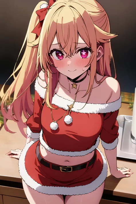 NSFW,masterpiece, top quality , high res, very detailed,Hoshino Ruby(My Favorite ),Star-shaped pupils, long hair, side ponytail,Blonde, Santa costume , off-shoulder, crop top, miniskirt,Christmas party