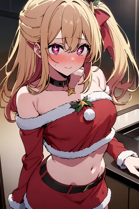 NSFW,masterpiece, top quality , high res, very detailed,Hoshino Ruby(My Favorite ),Star-shaped pupils, long hair, side ponytail,Blonde, Santa costume , off-shoulder, crop top, miniskirt,Christmas party