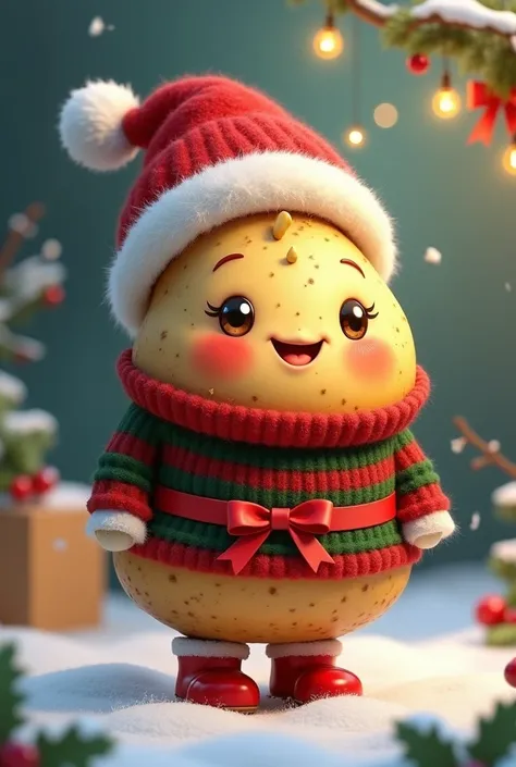 A cute baby potato in christmas outfit