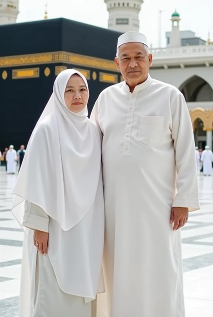  Beautiful indonesian old woman, wearing white hijab and muslim dress, with an old man that wearing white muslim clothes. standing on white marble floor, kaabah in the background, look at the viewer, cinematic light. 