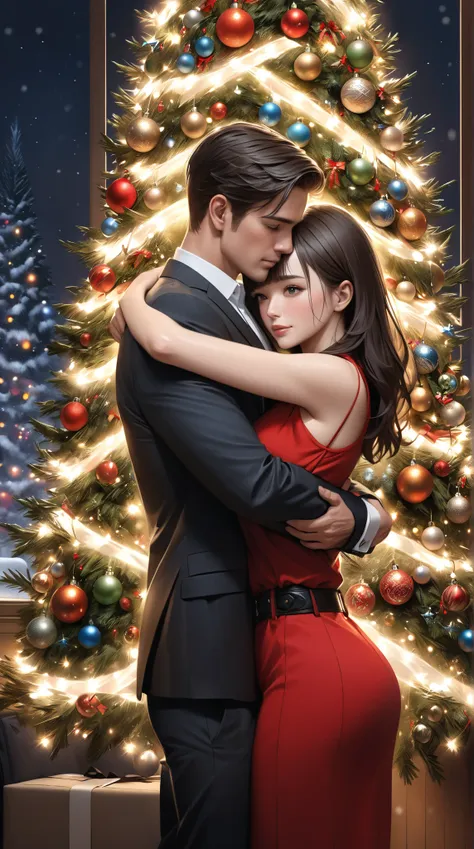 ultra-realism, couple hugging each other under the xmastree