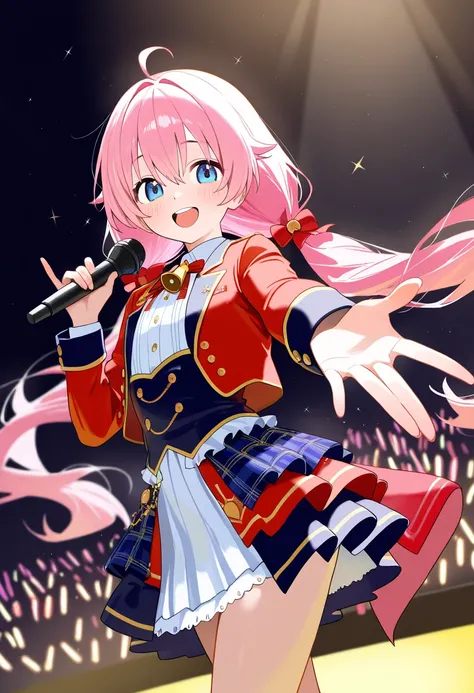 score_9,score_8_up,score_7_up,rating_safety,source_manga,masterpiece,best quality,hyper detailed,super fine illustration,8k,BREAK 1 girl,18yo,low twintail,pink hair,blue eyes,smile,flat chest,red jacket,bell,idol costume,holding_microphone,standing,BREAK X...