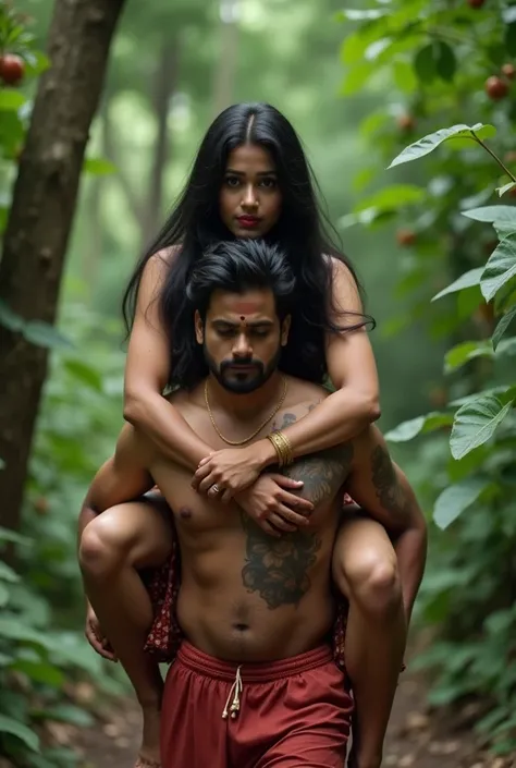 The beautiful Malayali actress sits on her servants boys shoulder, women age is 30, large breasts, Black Hair, full figure, Drunk, walking, reverse shoulder ride, wearing shoes ,hill areas,  close up, dancing, deep thick Forest,  realistic photos, real, op...