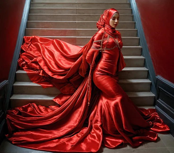 A woman shrouded in a 10-meter-long, plush red satin cloth, tightly bound and grandly draping along the form of her body, flowing off into a pooled floor-length train, styled in a mermaid-inspired outfit, her head modestly veiled in a satin hijab, tall wom...