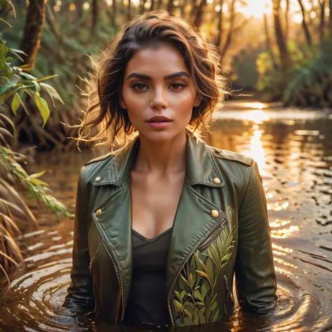 best quality,4k,8k,highres,masterpiece:1.2,ultra-detailed,realistic,photorealistic:1.37,woman in jeans and leather jacket transformed into a swamp, moss and milkweed grow on it, intertwining with each other, we can barely distinguish it from the surroundin...