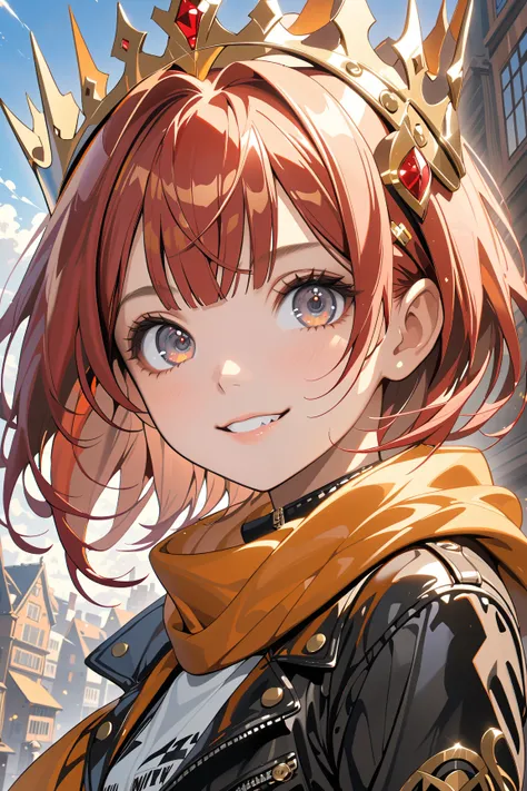 solo girl, mid teens, evil grin, (shiny skin, pretty face, big gray eyes, red short hair:1.3), gold crown, orange scarf, leather jacket, small breasts, (masterpiece, ultra detailed, top quality), anime, fantasy town.