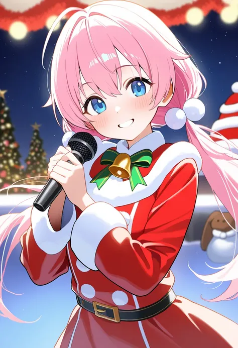 score_9,score_8_up,score_7_up,rating_safety,source_manga,masterpiece,best quality,hyper detailed,super fine illustration,8k,BREAK 1 girl,18yo,santa hut,low twintail,pink hair,blue eyes,smile,(flat chest:0.9),red jacket,bell,idol costume,holding_microphone,...