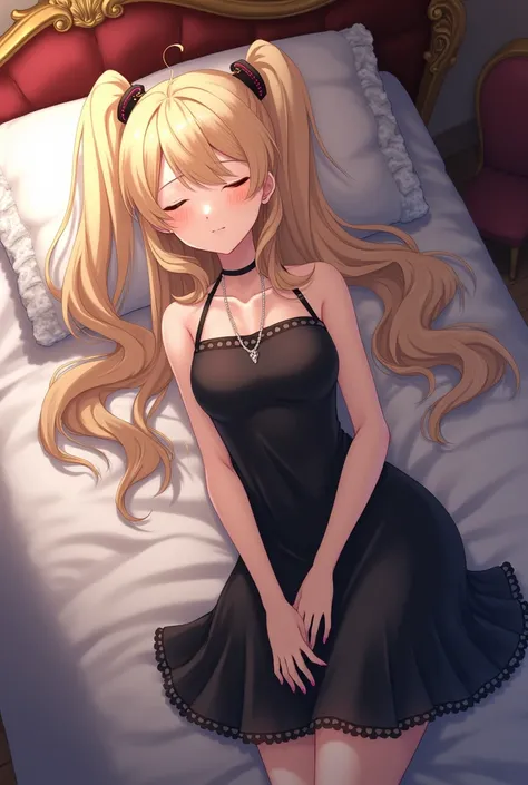 Anime style bedroom, 1girl, sleeping, on royal bed, pillow, gloves, blonde hair, twintails, black dress, pendant choker, necklace, high quality,