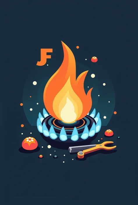  personal logo of registered gas operator,  stove with flame , Tool, orange, blue, celeste, INITIALS JF ,  to say the phrase natural gas installation and repairs of gas appliances 