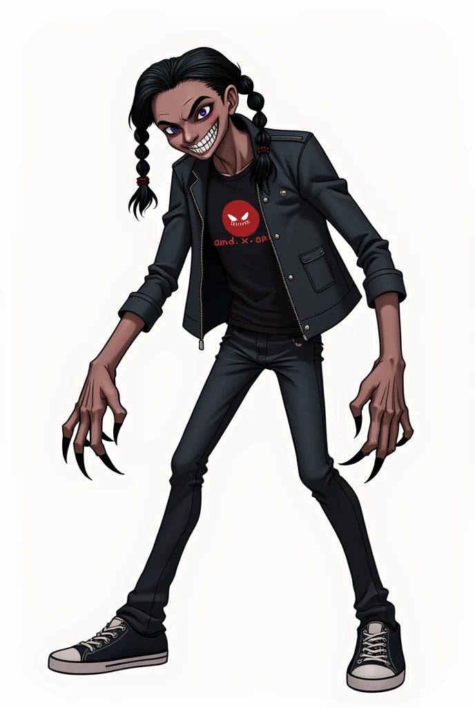 Creepy humanoid creature with a distorted body, totally thin and tall and large, brown-skinned, stylish hair combed to the left in black with three braids, black leather jacket, wears a black one with a red symbol written on  "and.x.and",black dins pants ,...