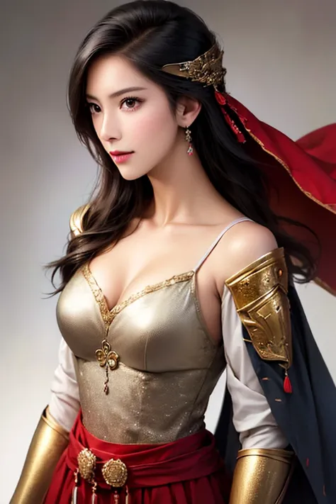 ((The upper body of a female warrior wearing gold and red armor and a cloak:1.4)),1 person,  black hair,  belly shortcut   ,Big breasts and cleavage,  high-definition face and skin texture  ,  staring at the camera,   Chinese Warrior:1.2,  perfect beauty: ...