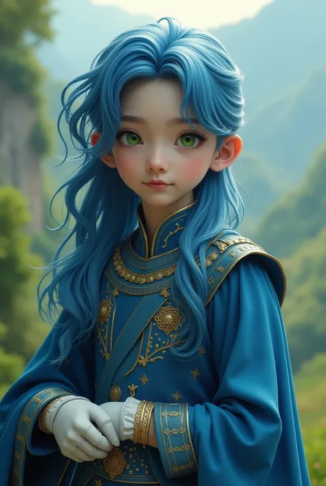 Live Action  Teen Asian boy with Green Eyes Long Flowing Blue Hair, Wearing a Blue Long Sleeved Medieval  Prince Outfit, with Blue Cape and White Leather gloves. full body