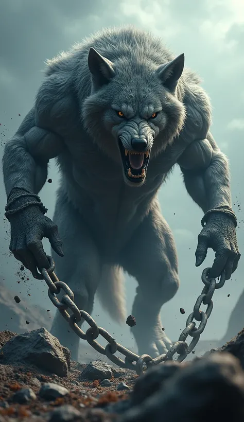 Fenrir the giant wolf breaking his chains hyper realistic