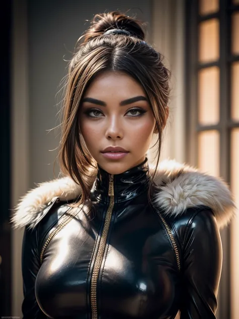 Close up of a womans face (Madison Beer), (makeup:1.4), beautiful smile, turtleneck latex outfit, zipper, highly detailed fur, natural skin texture, 4k textures, Highly detailed perfect , Lightroom, Intricate, Ultra-Realistic, Out There, (HDR:1.3), UHD, (I...