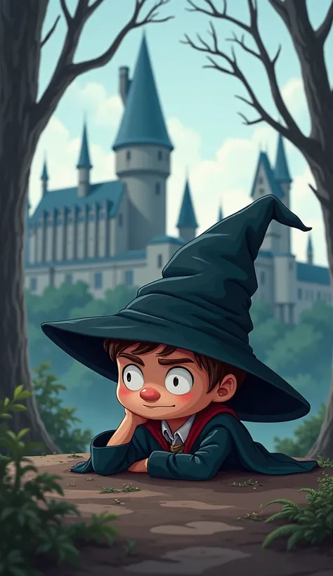  Hogwarts distributing hat ,made of gary potter , lying alone in cartoon style, against the backdrop of the castle