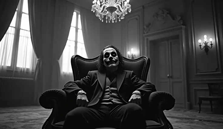 "A cinematic black-and-white image of the Joker seated in a luxurious yet decaying room. He lounges on an ornate velvet armchair with gold accents, the fabric slightly torn and faded. Behind him, tall windows draped with heavy, tattered curtains let in fai...