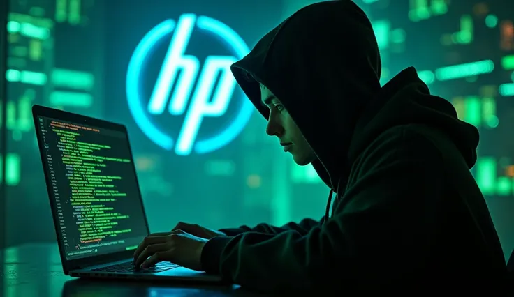 falling green code in with blue neon HP logo and a black hoodie hidden face using laptop