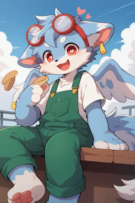    very detailedな, very detailed,Blue fur, gray hair,male,骨を見て excited,Heart Eyes,participate, cute face, sitting！,, fluffy fur  ,  excited,Horny boy,Angel,Beautiful sky,smile, green overalls  ,  white t-shirt  ,Alone,Dropped ears,My mental age ,want