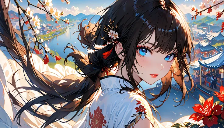 The background is a festival .,( top quality ,Details a lot, high res:1.2), beautiful girls, blue eyes, straight brown-black hair,Brown bangs,a lot_ has long eyelashes, lips, cool , My skin, shiny hair, Exquisite Makeup , look back , Long Distance View