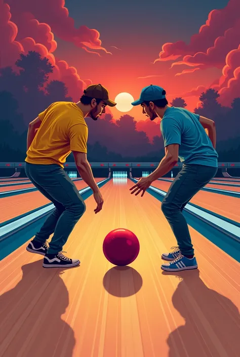 Can you make a bowling tournament poster in theme of “Striking in the battle lane” include element of rivalry, competition, and sportsmanship among student wearing appropriate attire. Going head to head , competing 