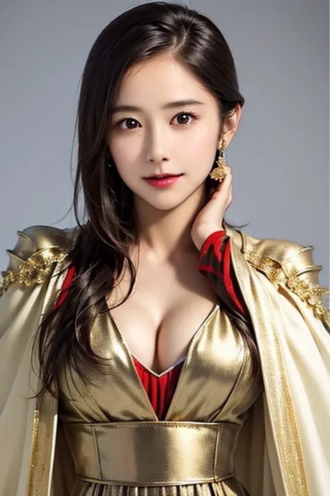 ((The upper body of a female warrior wearing gold and red armor and a cloak:1.4)),1 person,  black hair,  belly shortcut   ,Big breasts and cleavage,  high-definition face and skin texture  ,  staring at the camera,   Chinese Warrior:1.2,  perfect beauty: ...