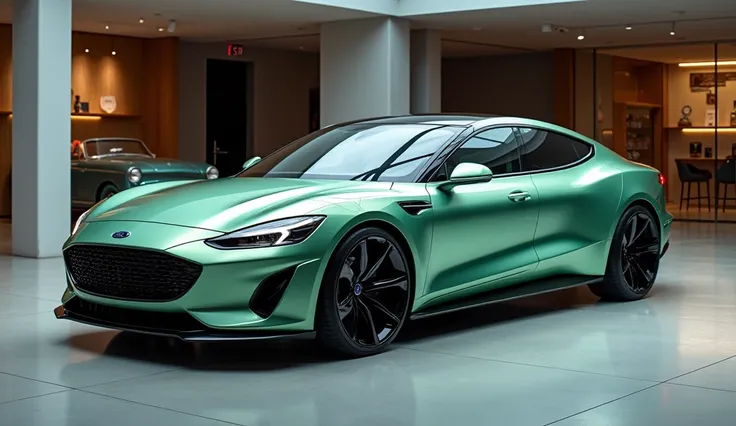 A stunning and sleek  lift and right side front view of the 2025 Ford capri light green color  showcased HIGH QUALITY IMAGEs in showroom 