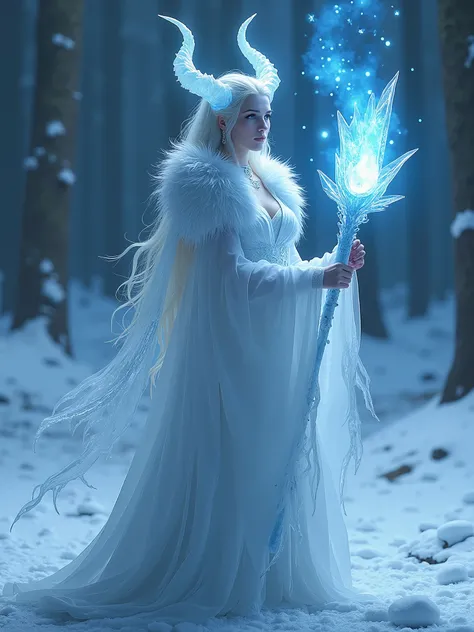 A snow queen inspired by Hecate, the Greek goddess of magic, wielding an icy staff that glows with an ethereal blue flame. Her protector is a frost phoenix with wings that scatter icy embers with every beat. They stand at a frozen crossroads under a night ...