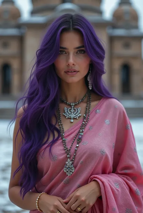 Valor purple hair beautiful slavic woman with Dark Brown eyes apperance in the brown storm and Yellow tempest with the amazing vibes of lovable visage beautiful Saree made from shiny Pink Silk with Crystal and valuable Violet gem pattern on the whole Saree...