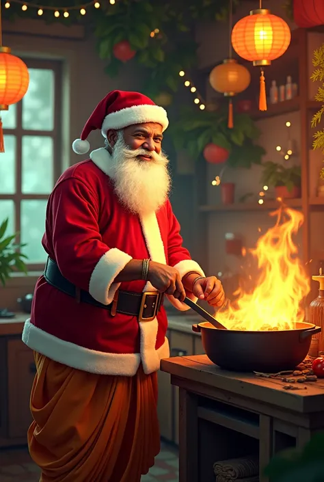  a cheerful Santa Claus, embodying the spirit of Christmas with a unique twist. From the waist up, he is dressed in the classic red and white Santa attire, complete with a fluffy white beard and rosy cheeks, but he is missing his iconic cap. Instead, from ...