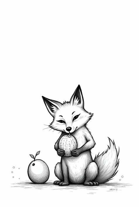 Draw a fox eating watermelon with one hand and the other holding mango. Sketching simple, no color, 