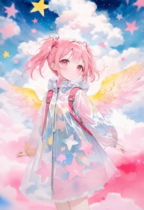 (masterpiece, best quality),(multiple exposure effect: 1.2),
watercolor print depicting,the little angle girl,pink twintail hair,she is surrounded by stars and cloud symbols,wearing translucent raincoat,(angel wings on her back),on cloud-nine,splash color,...