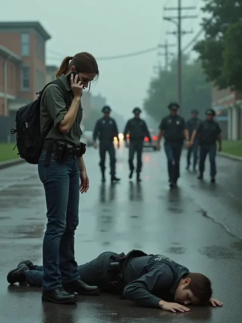 a 1990 TV Show professional realistic photo shows Ellie Williams (The Last of Us), calling in her cellphone, while a cop body is in the floor face down, from a distance a group of patrols are heading towards the scene, Compton is the background, raining ni...