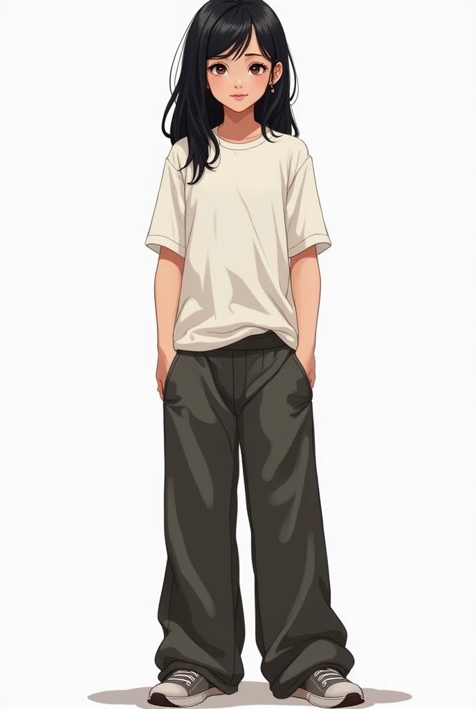 

"Create a realistic image of a Kazakh-looking girl.  She has shovel-length black hair ,  with one strand neatly tucked behind her ear .  The girl is wearing a white t-shirt and wide marsh sweatpants . She stands on a white background ,  her face is decor...