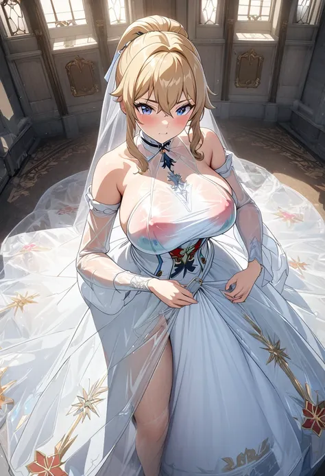 8k, masterpiece, best quality, ultra detailed, Ultra-high resolution, Highly detailed CG, break, 1girl, jean(genshin impact), kawaii, nsfw, huge breasts, slender, (translucent wedding dress:1.2), full body, indoors, standing
